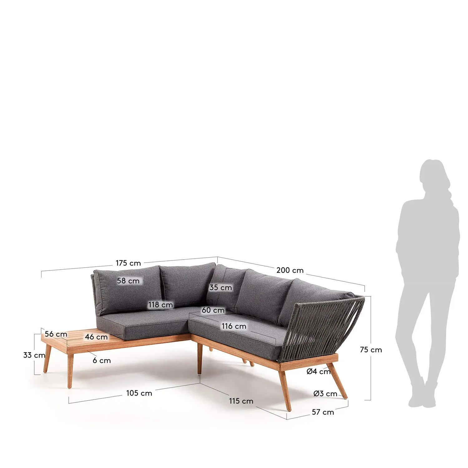 Kave Home Ramson Ecksofa grau Eukalyptusholz 5-Sitzer