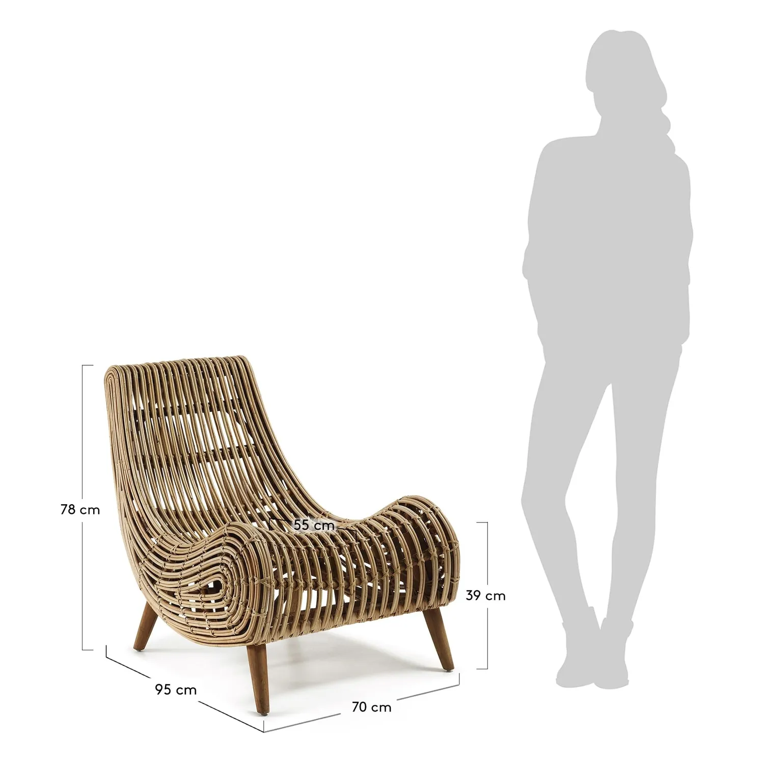 Kave Home Tika Sessel Rattan Natur mit Kaobaholzbeinen