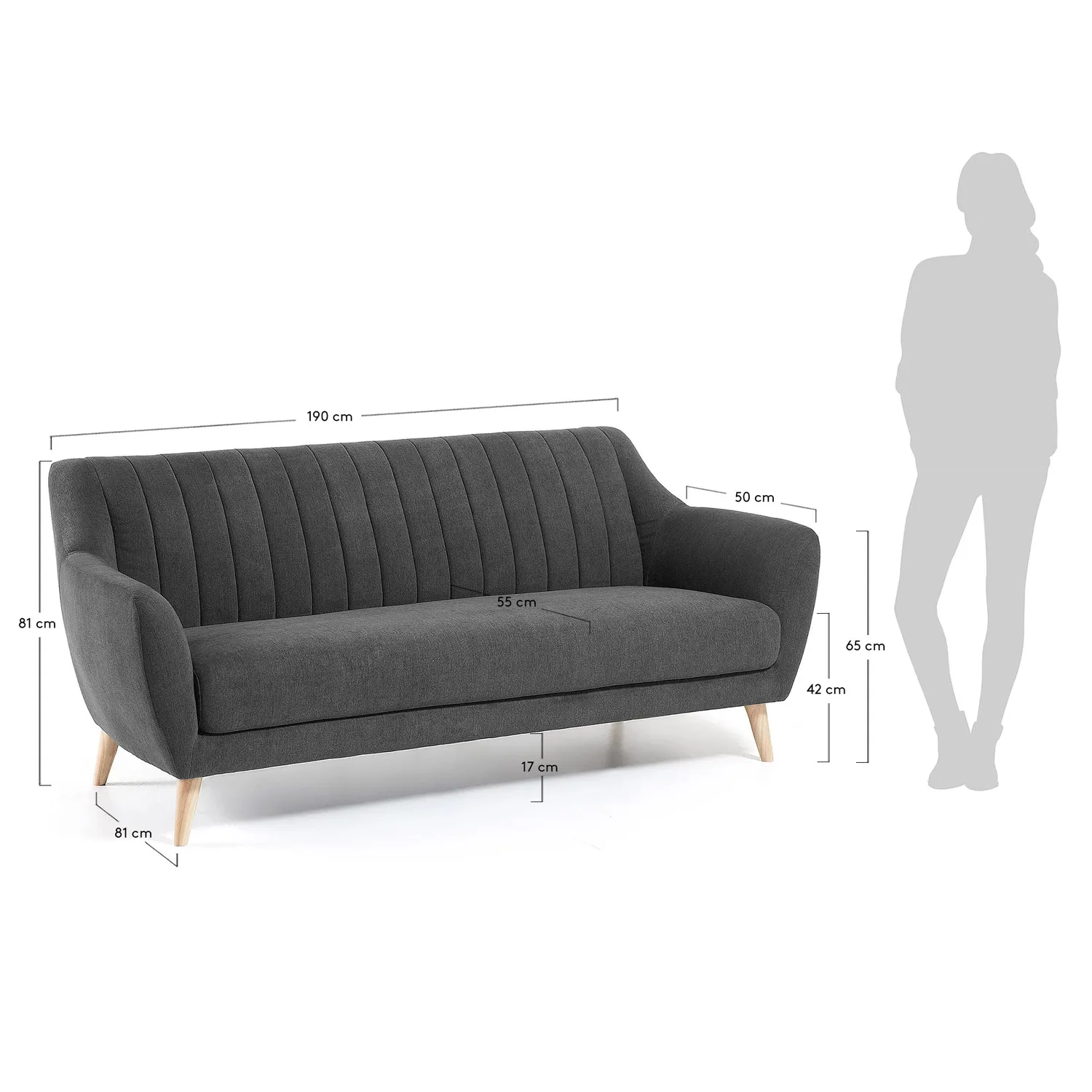 Kave Home Obo Sofa 3-Sitzer dunkelgrau Stoff