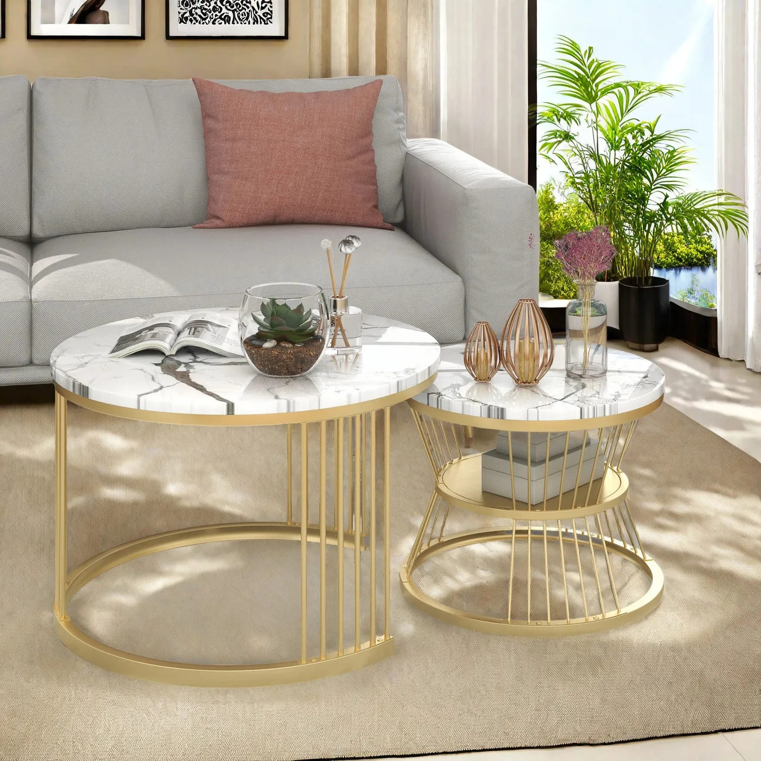 In And OutdoorMatch Couchtisch Set Marmoroptik Weiß Gold