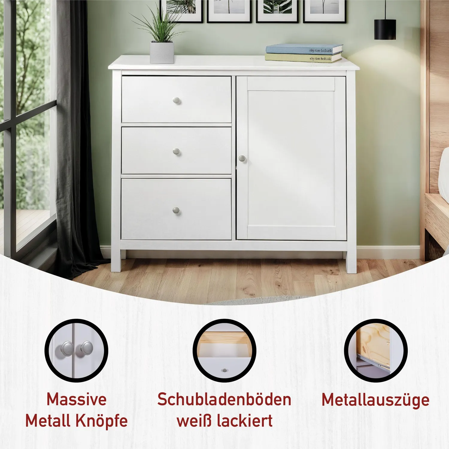 Inter Link Pinora Home Kommode weiß 96 cm 3 Schubladen