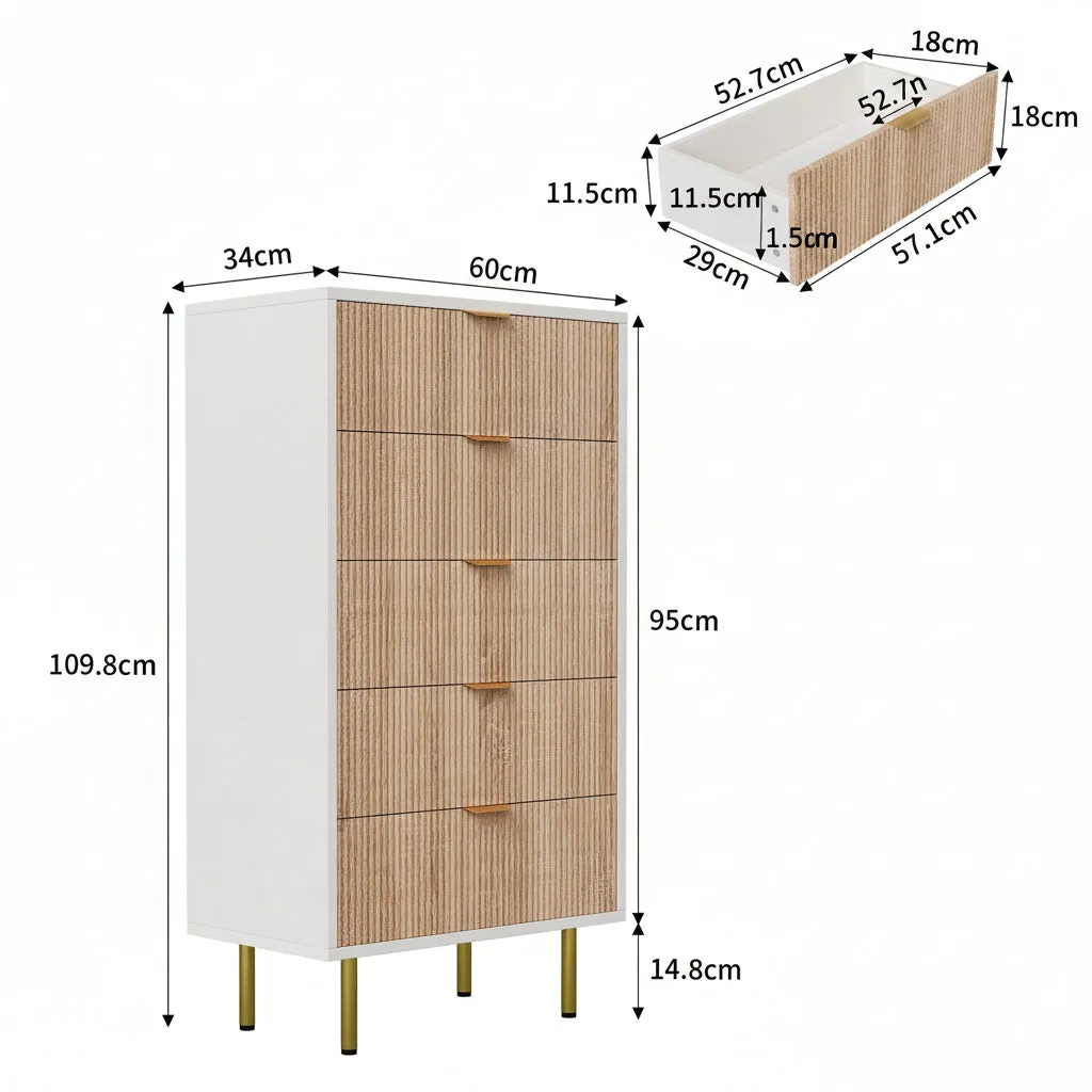 In And OutdoorMatch Kommode 5 Schubladen Weiß Holz 60cm