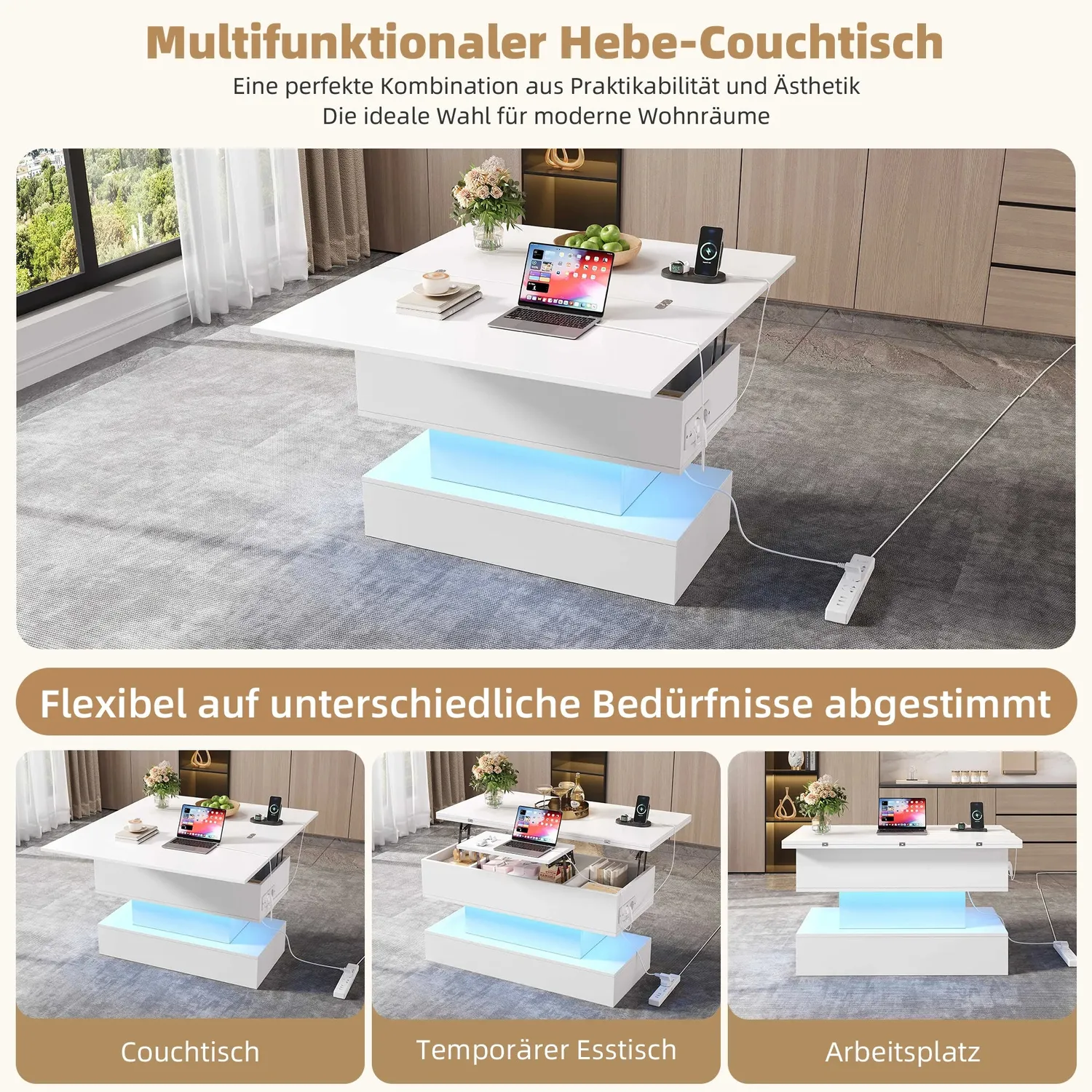 In And OutdoorMatch Couchtisch LED höhenverstellbar mit Stauraum