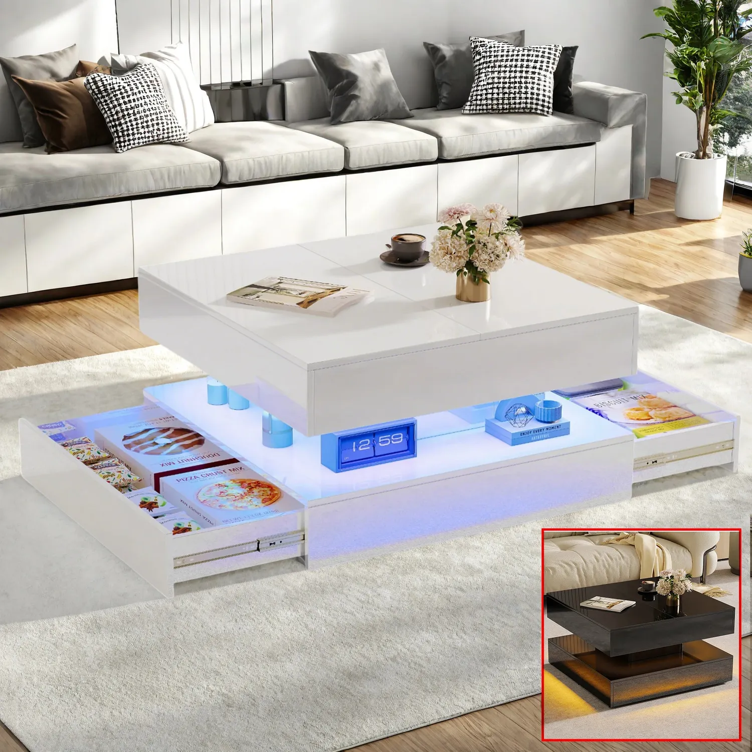 In And OutdoorMatch Couchtisch LED Hochglanz mit Schubladen