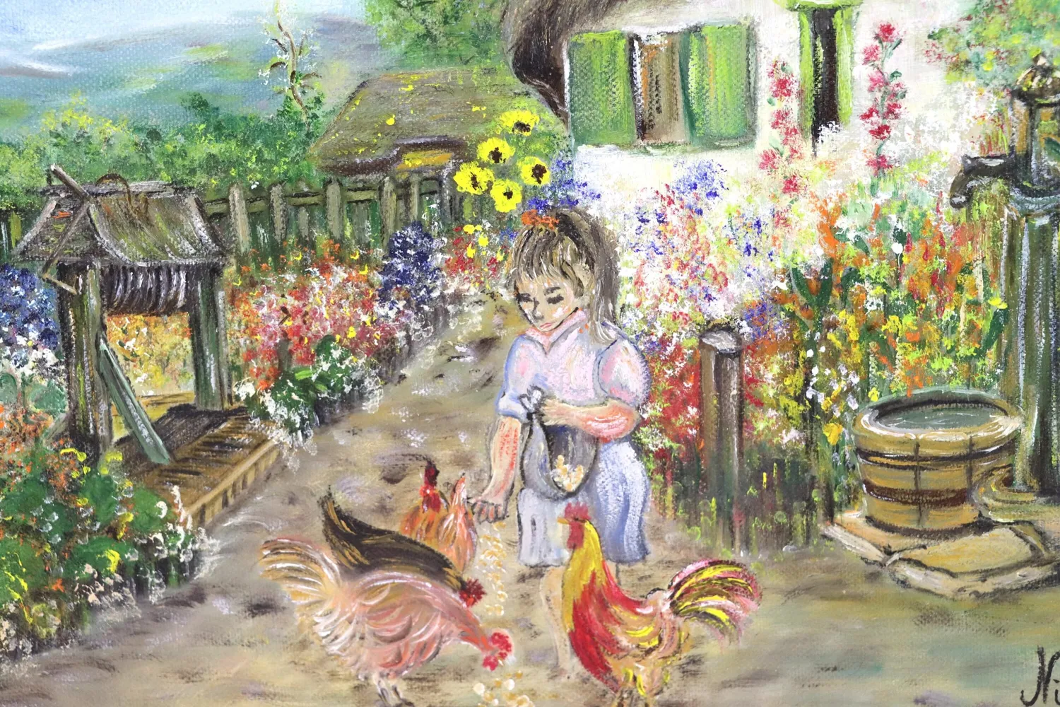 Mon Ami(e) Vintage Frau mit Hühnern im Bauerngarten Gemälde Leinwand