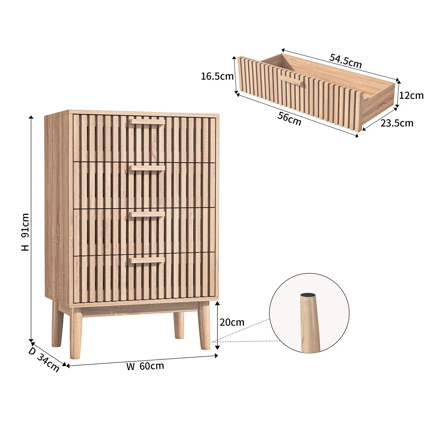 In And OutdoorMatch Kommode Holz 4 Schubladen 60x34x91