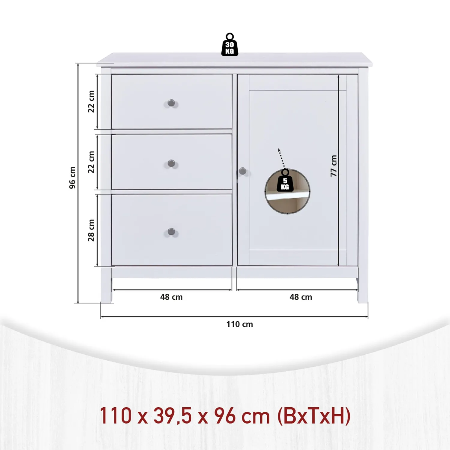 Inter Link Pinora Home Kommode weiß 96 cm 3 Schubladen
