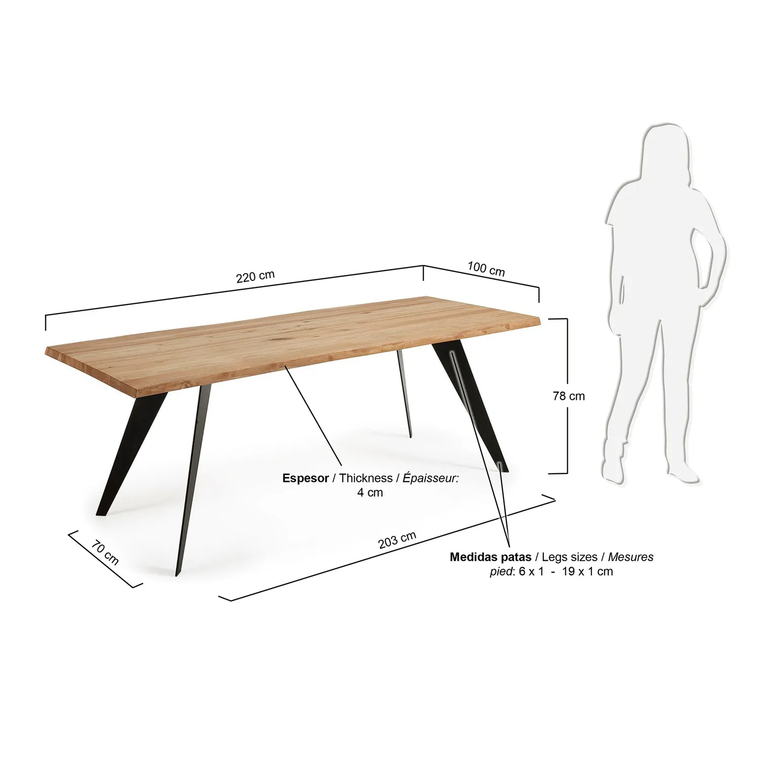 Kave Home Esstisch Eiche massiv 220 cm braun-schwarz