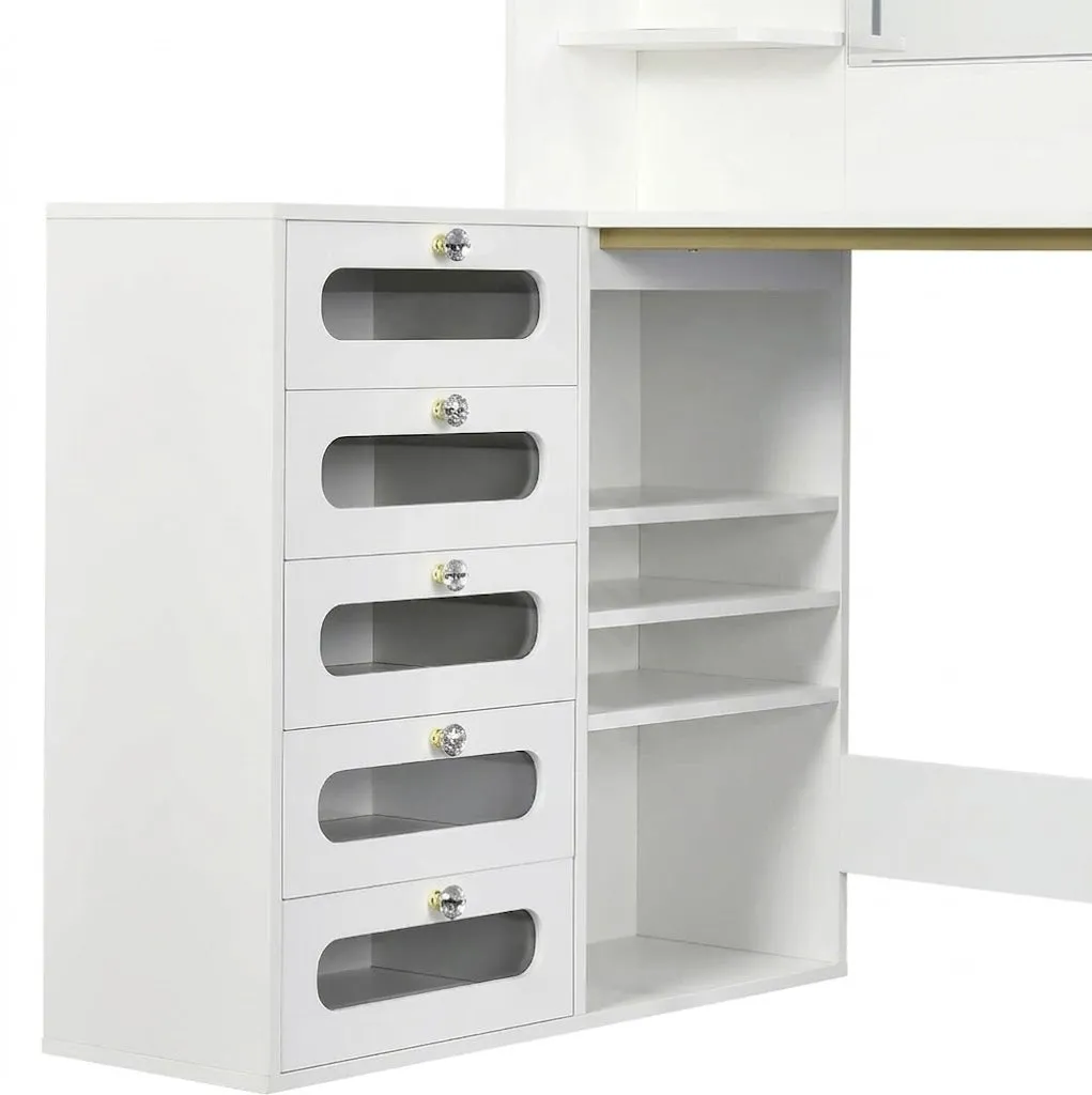 In And OutdoorMatch Schminktisch Holz L-Form LED 5 Laden Hocker