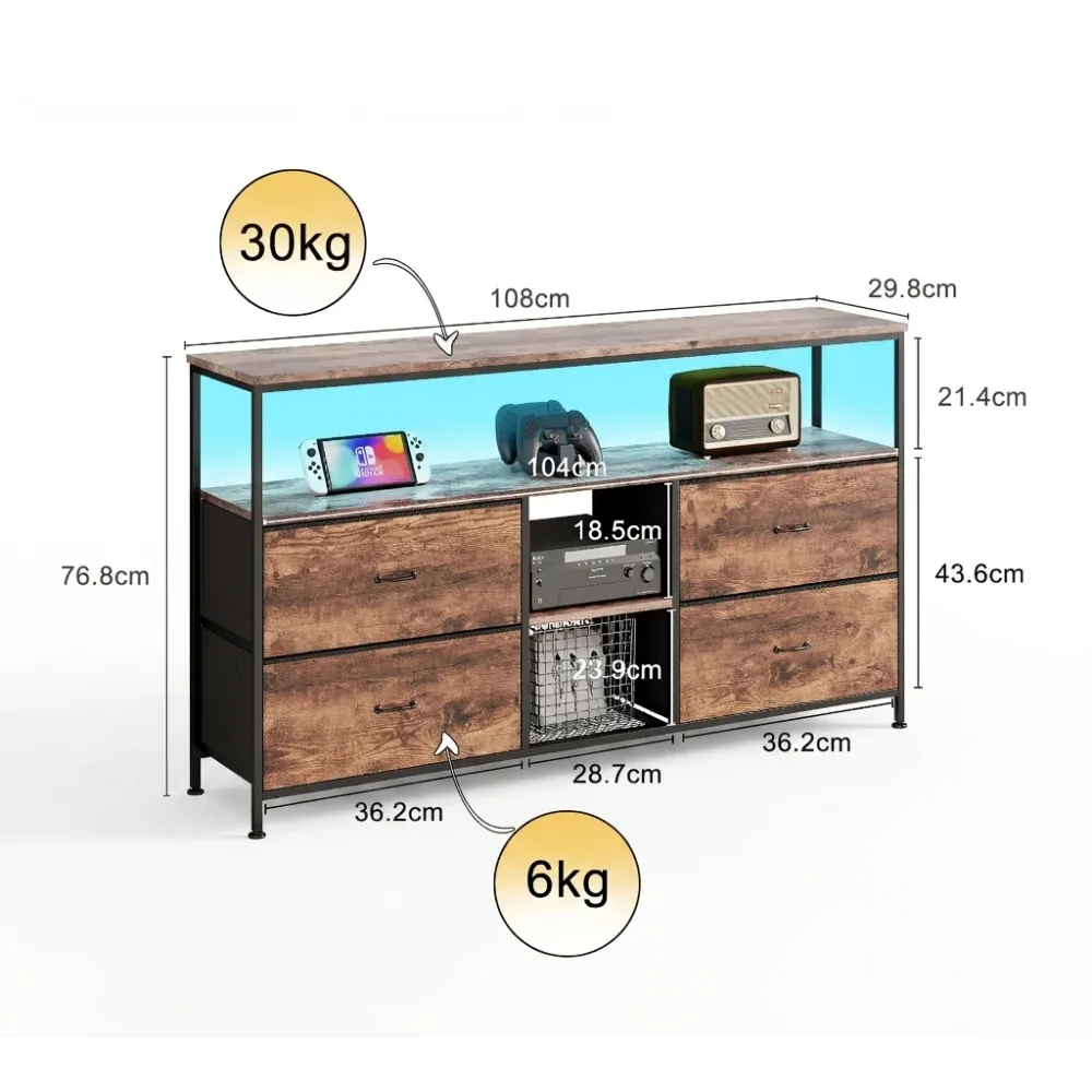 In And OutdoorMatch TV-Board Braun 108 cm LED 4 Schubladen